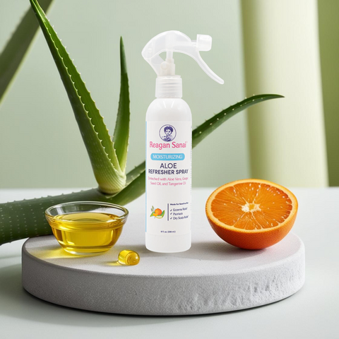 Bottle of Reagan Sanai Moisturizing Aloe Refresher Spray with fresh orange, aloe, grape seed oil and natural ingredients