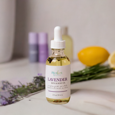 Aqualime Lavender Bath and Body Oil in a sleek bottle, surrounded by lavender sprigs and soft lighting, highlighting its hydrating, non-greasy formula