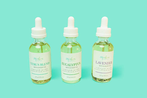 Aqualime Lavender, Citrus Blend, and Eucalyptus Bath and Body Oil bottles displayed together, showcasing their natural, hydrating formulas with soothing essential oils