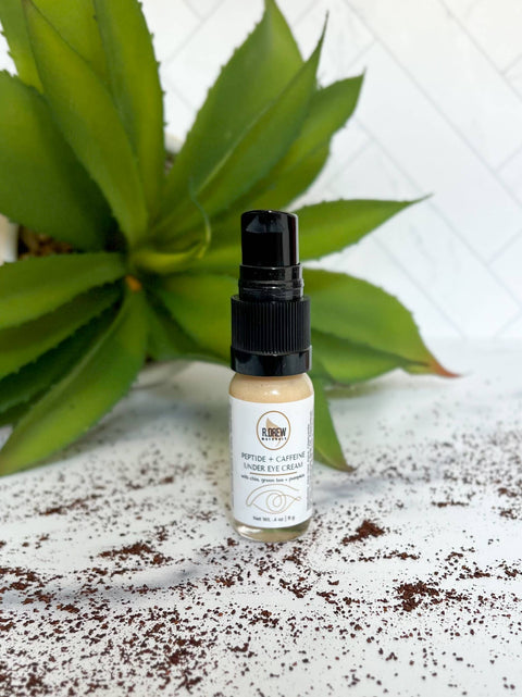 R. Drew Peptide + Caffeine Eye Cream with green tea leaf, reduces dark circles and puffiness for a refreshed, hydrated under-eye area