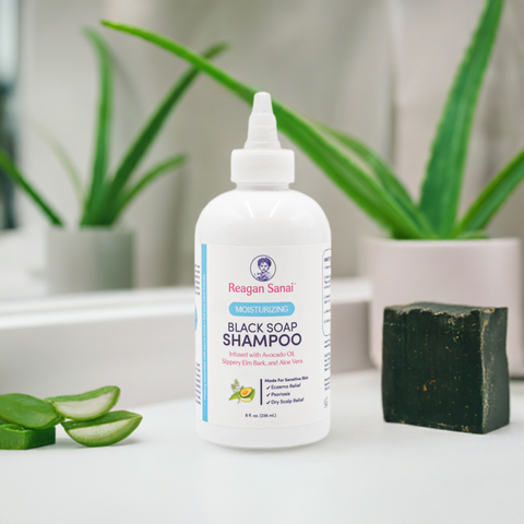 Reagan Sanai Moisturizing Black Soap Shampoo bottle with aloe vera plant pot, cut aloe leaf, and African black soap for nourishing curly hair