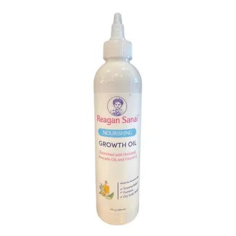 Reagan Sanai Nourishing Growth Oil bottle on white background, promotes hair growth, strengthens follicles, and reduces dry scalp with herbal ingredients. Ideal for natural hair