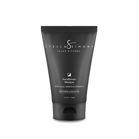Stella Simone Kera Renew Masque jar on white background, enriched with keratin and botanical extracts to restore elasticity and moisture for all hair types
