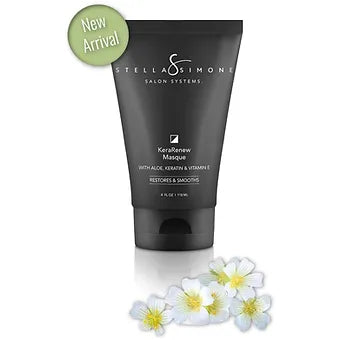 Stella Simone Kera Renew Masque jar, formulated with keratin and botanical extracts to restore elasticity, add moisture, and fight frizz for all hair types