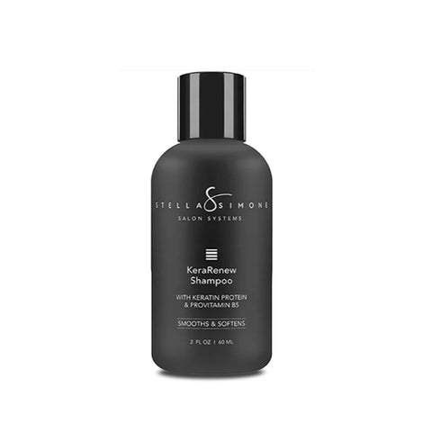 Stella Simone Kera Renew Shampoo and Conditioner with Keratin in black bottles, designed to smooth, strengthen, and protect hair