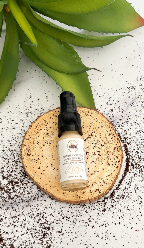 R. Drew Peptide + Caffeine Eye Cream bottle with Green Tea leaf on a wooden plate, with coffee powder spread on the floor, hydrates and brightens under-eye area