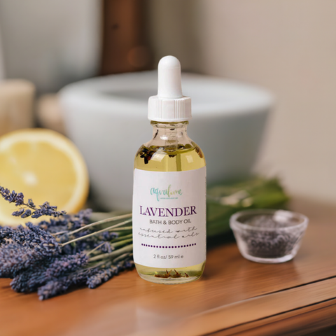 Aqualime Lavender Bath and Body Oil bottle placed on a wooden table with a cut lemon, highlighting its refreshing, hydrating, and natural ingredients.