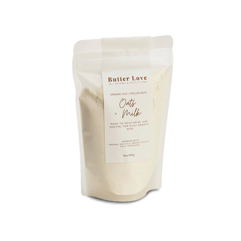 Butter Love Skin Oats and Milk Soak on a white background, offering soothing moisture for dry skin with organic oats and milk