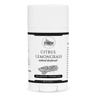 R. Drew Citrus Lemongrass Deodorant in twist-up tube, with natural lemongrass, tangerine, and sweet orange oils, offering fresh, chemical-free odor protection