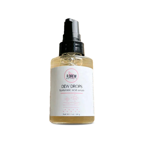 R. Drew Dew Drops Hyaluronic Acid Serum bottle placed on a white background, providing deep hydration and soothing benefits for all skin types