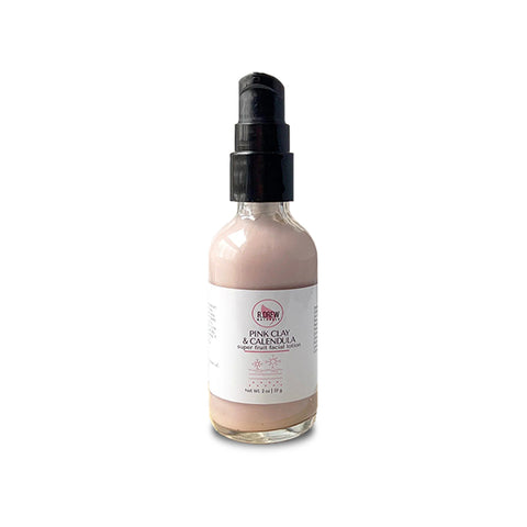 R. Drew Pink Clay + Calendula Super Fruit Facial Lotion bottle on a white background, enriched with antioxidants for skin protection and renewal