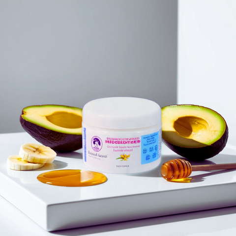 Reagan Sanai Avocado & Banana Deep Conditioner bottle placed on white background table with half-cut avocado, banana, and honey for nourishing and moisturizing hair