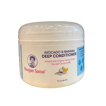 Reagan Sanai Avocado & Banana Deep Conditioner bottle placed on white background, offering nourishment and moisture for healthy, strong hair