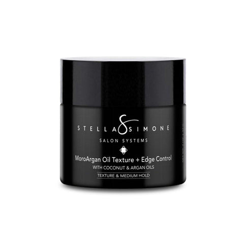 Stella Simone MoroArgan Oil Texture and Edge Control on white background, with Argan and Coconut Oil for texture, shine, and medium hold