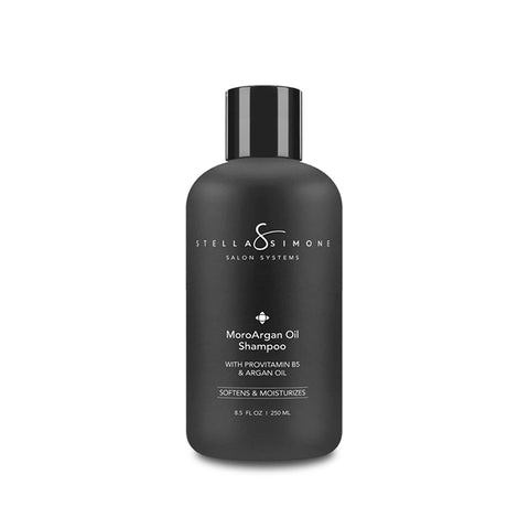 Stella Simone MoroArgan Shampoo and Conditioner on white background, with Moroccan Argan Oil to hydrate, protect, and add shine to damaged hair