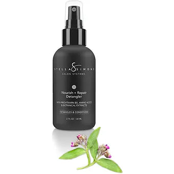 Stella Simone Nourish & Repair Detangler Mist with ProVitamin B5, Aloe Vera, and botanical extracts, adds volume, heals, and protects hair from UV damage