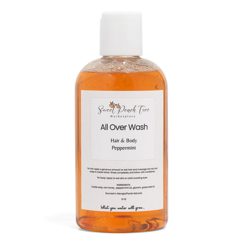 Sweet Peach Tree All Over Wash bottle with natural ingredients for body and hair.